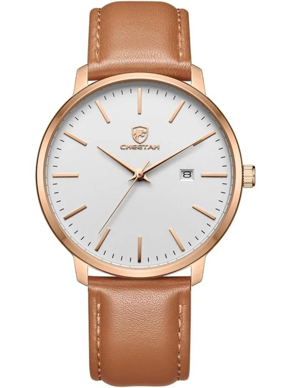 Men's Brown /Gold/White Leather Strap Minimalist Waterproof Quartz Wrist Watch